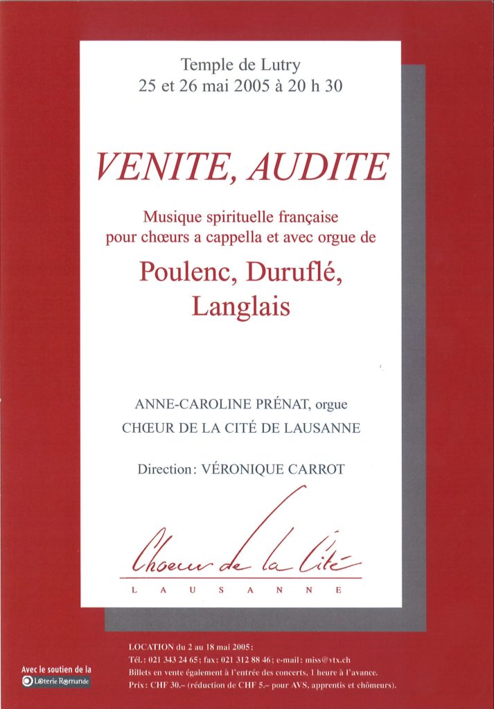 VENITE, AUDITE : Musique spirituelle française pour choeurs a cappella et avec orgue de Poulenc, Duruflé, Langlais